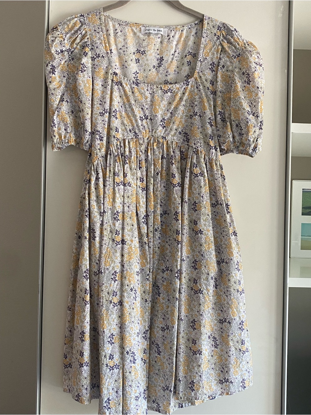 Jacqui E Floral Puff-Sleeve Dress in Yellow, Purple & Cream